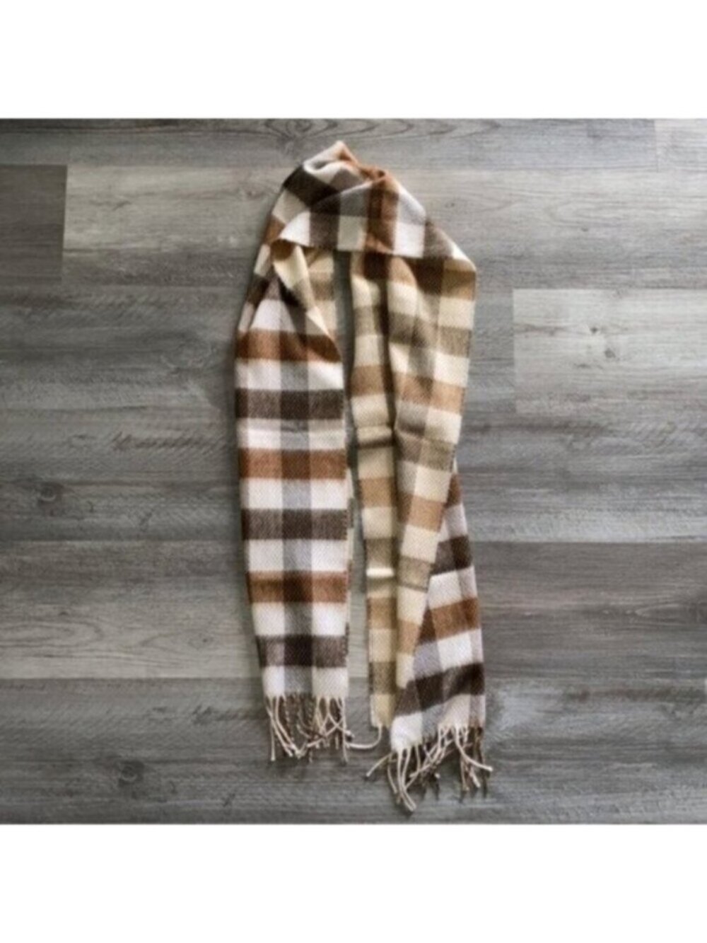 Cashmere Blend Knit Scarf Fringe 12” x 64” Plaid Cream Brown Tan Luxe Soft $175